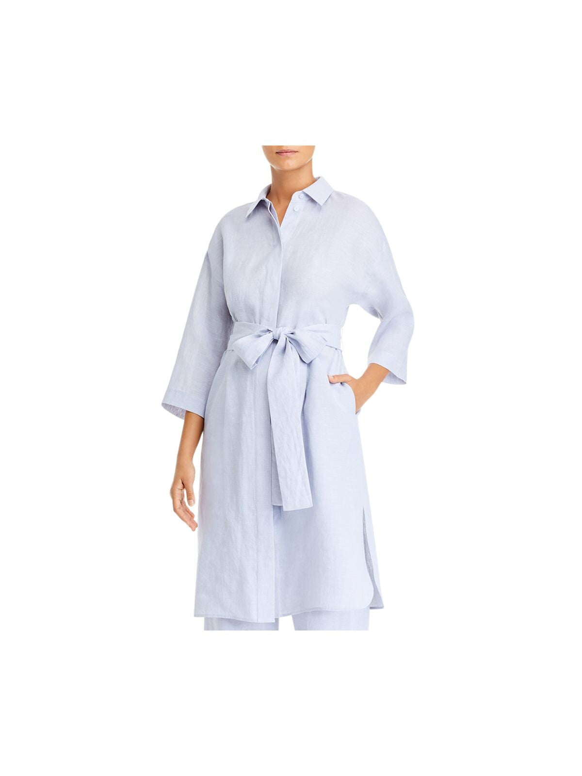 LAFAYETTE 148 Womens Blue Belted 3/4 Sleeve Collared Duster Top Size: XS