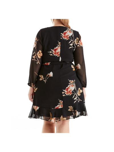 ESTELLE Womens Black Ruffled Sheer Tie Lined Floral Long Sleeve V Neck Above The Knee Evening Fit + Flare Dress Plus 1X
