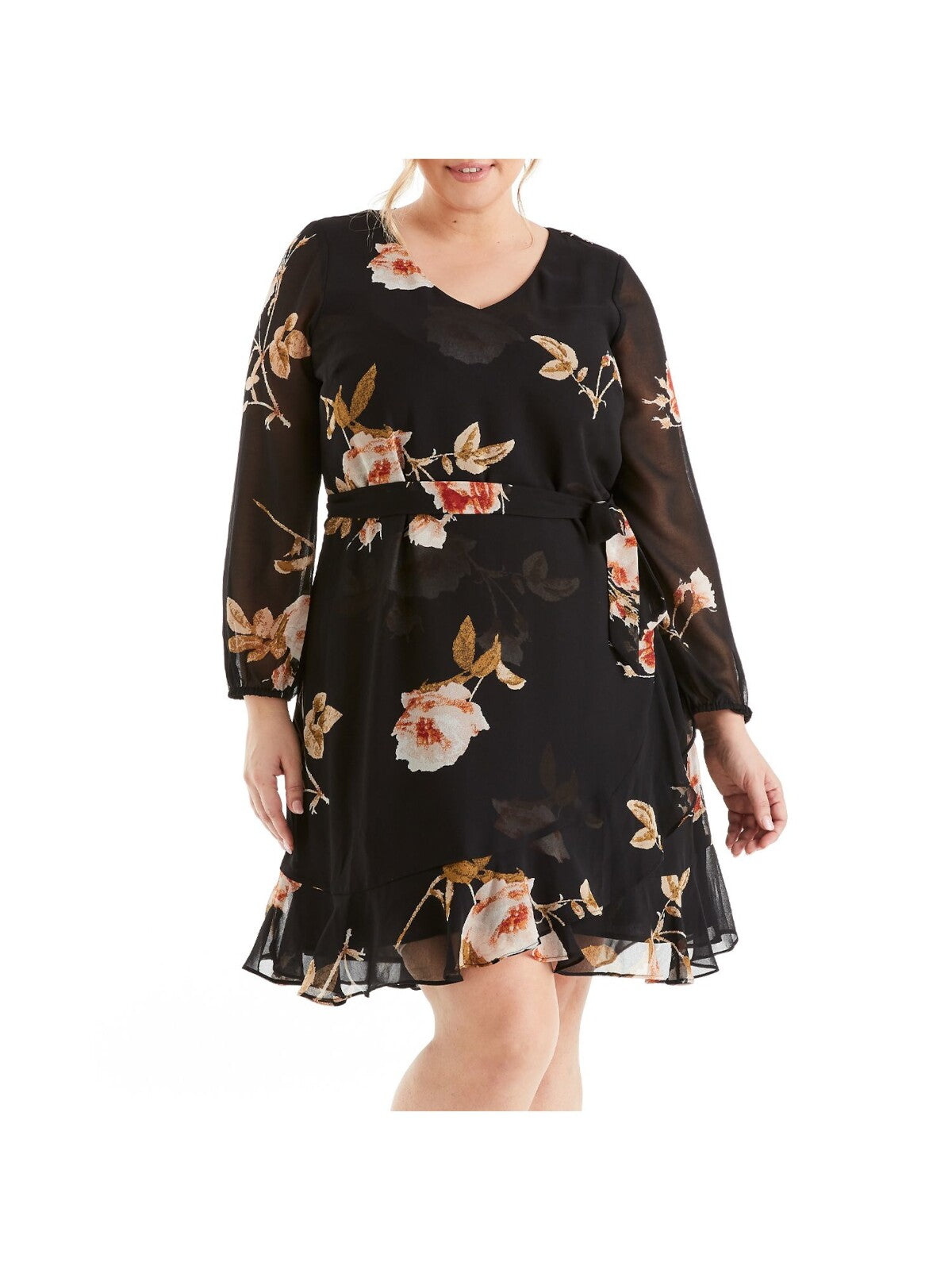 ESTELLE Womens Black Ruffled Sheer Tie Lined Floral Long Sleeve V Neck Above The Knee Evening Fit + Flare Dress Plus 1X