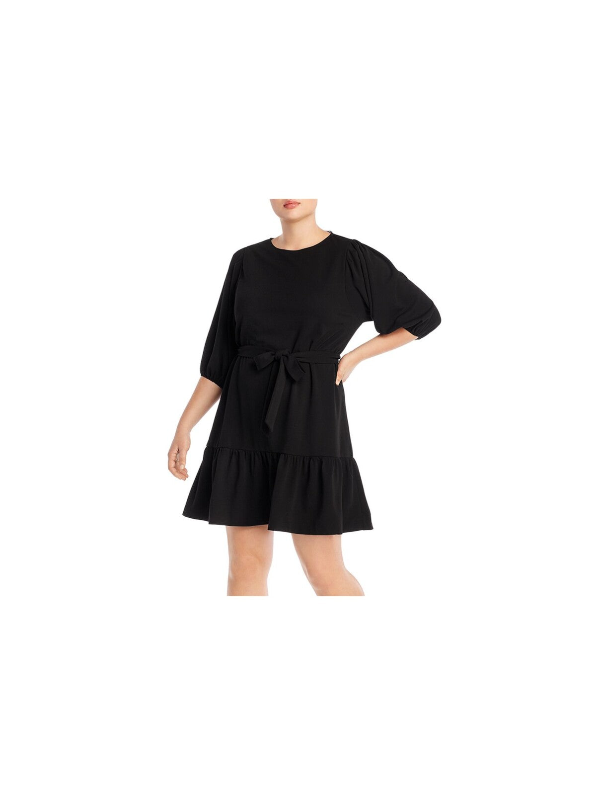 AQUA CURVE Womens Black Belted Zippered Tiered Pouf Sleeve Jewel Neck Short Cocktail Fit + Flare Dress Plus 2X