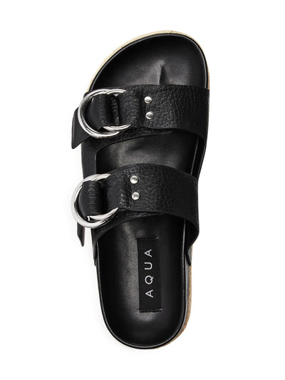 AQUA Womens Black Buckle Accent Studded Kai Round Toe Platform Slip On Leather Espadrille Shoes M