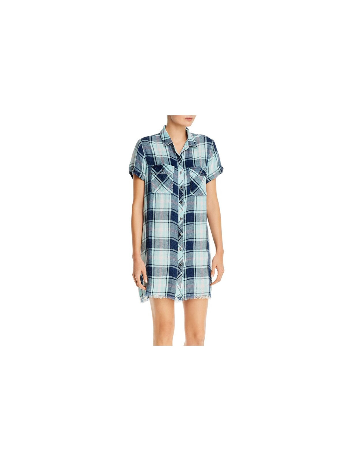 BILLY T Womens Navy Frayed Pocketed Pleated Tie Back Plaid Short Sleeve Collared Short Shirt Dress XL