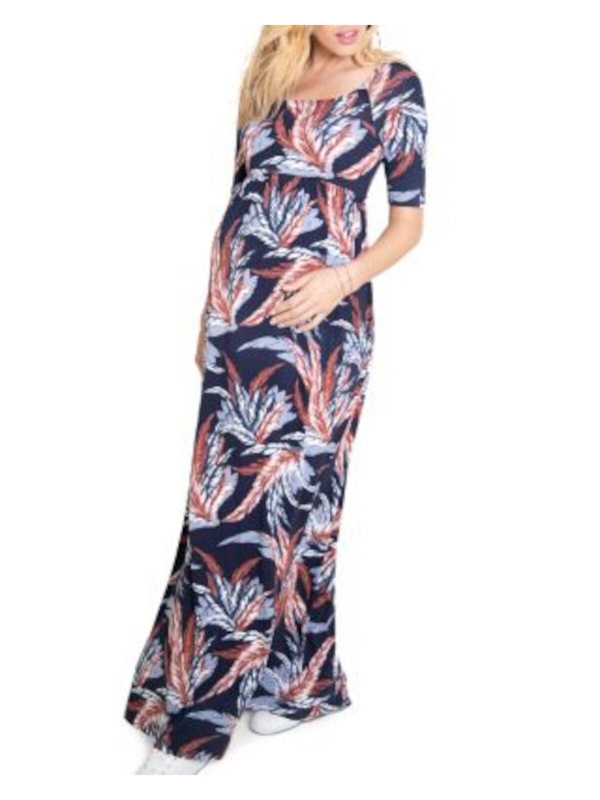 INGRID & ISABEL Womens Navy Stretch Printed Elbow Sleeve Scoop Neck Maxi Dress Maternity XS