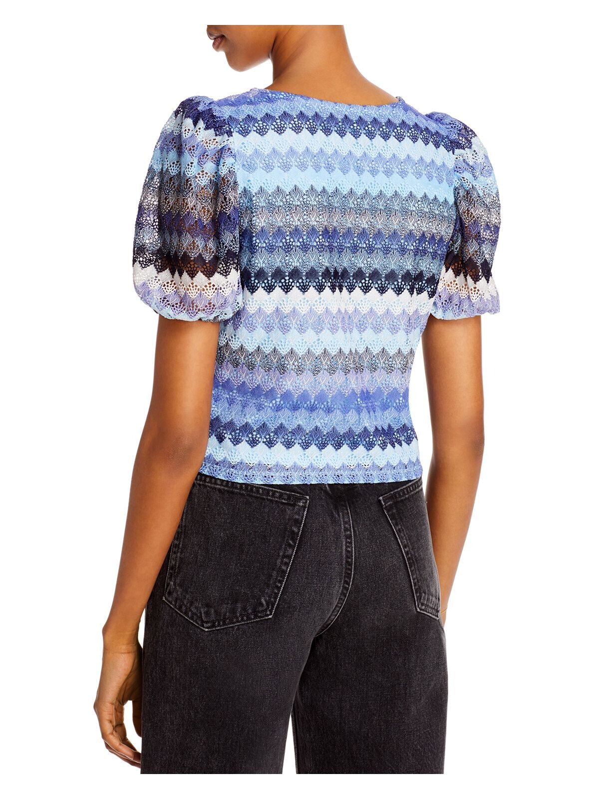 AQUA Womens Navy Crochet Chevron Pouf Scoop Neck T-Shirt Size: XS