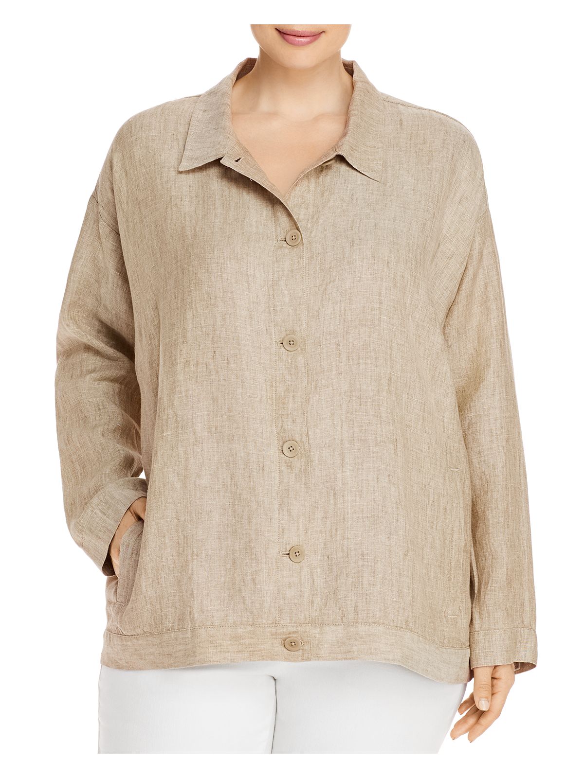 EILEEN FISHER Womens Beige Pocketed Long Sleeve Collared Button Down Jacket Plus 1X