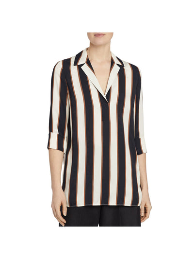 LAFAYETTE 148 Womens Black Striped 3/4 Sleeve Collared Wear To Work Blouse M