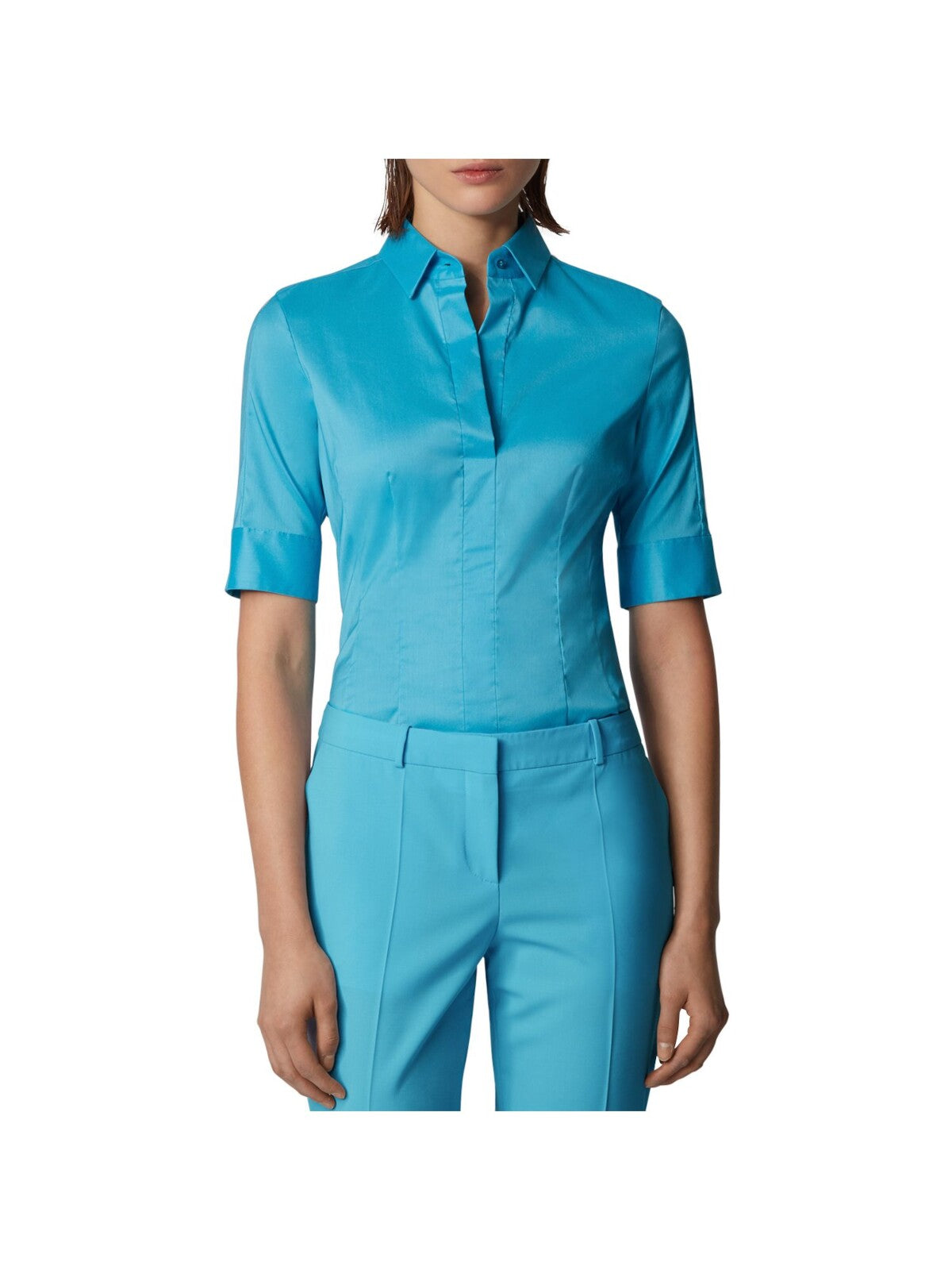 BOSS Womens Blue Zippered Slim Fit Split Neck Elbow Sleeve Point Collar Wear To Work Top 4