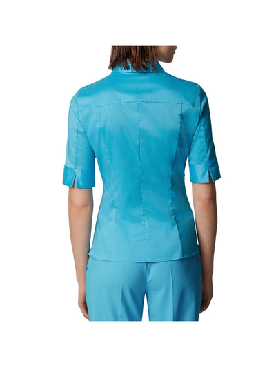 BOSS Womens Blue Zippered Slim Fit Split Neck Elbow Sleeve Point Collar Wear To Work Top 4