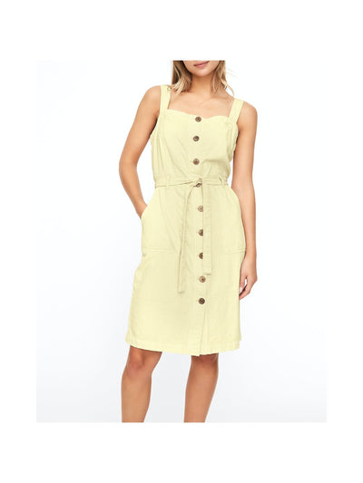 VERO MODA Womens Yellow Belted Pocketed Buttoned Twill Sleeveless Square Neck Above The Knee Sheath Dress XS