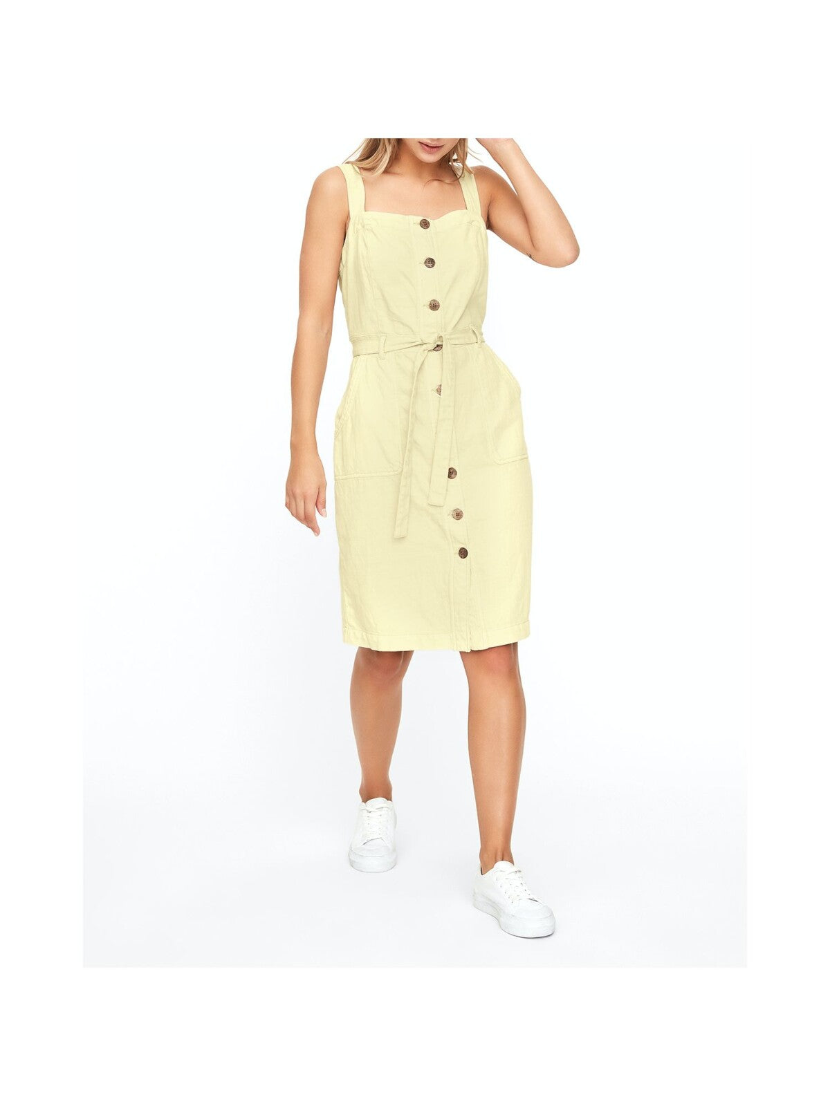 VERO MODA Womens Yellow Belted Pocketed Buttoned Twill Sleeveless Square Neck Above The Knee Sheath Dress XS