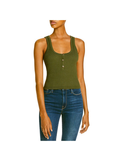 LINI Womens Green Ribbed Short Length Three Button Front Sleeveless Scoop Neck Tank Top S