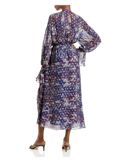 IRO Womens Blue Ruffled Slitted Printed Long Sleeve V Neck Midi Evening Dress 38