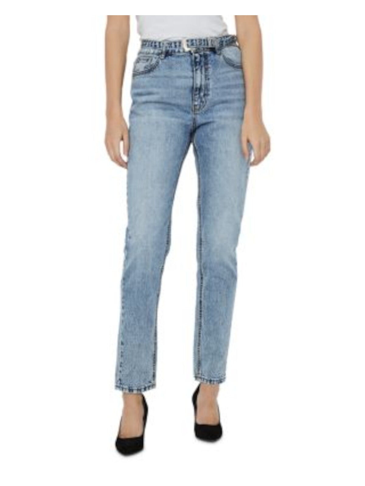 VERO MODA Womens Blue Denim Pocketed Belted Relaxed Tapered High Waist Jeans W27\L32