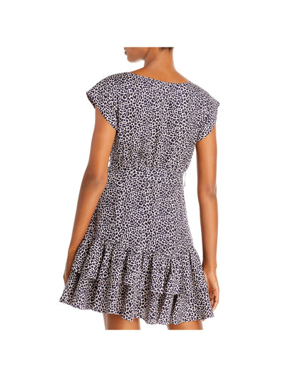 REBECCA TAYLOR Womens Navy Belted Ruffled Animal Print Cap Sleeve Crew Neck Mini Fit + Flare Dress 6