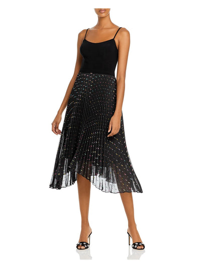 AQUA Womens Black Glitter Sheer Zippered Printed Spaghetti Strap Scoop Neck Midi Evening Accordion Pleat Dress 2