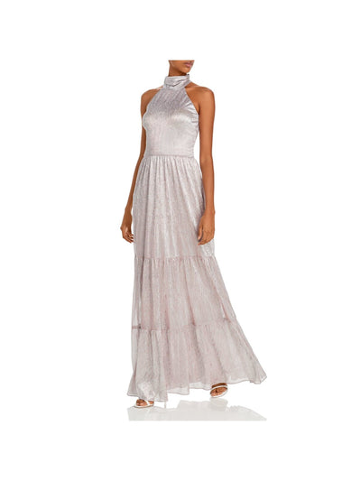 AQUA FORMAL Womens Pink Glitter Tiered Check Sleeveless Halter Full-Length Evening Fit + Flare Dress 0