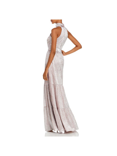 AQUA FORMAL Womens Pink Glitter Tiered Check Sleeveless Halter Full-Length Evening Fit + Flare Dress 0
