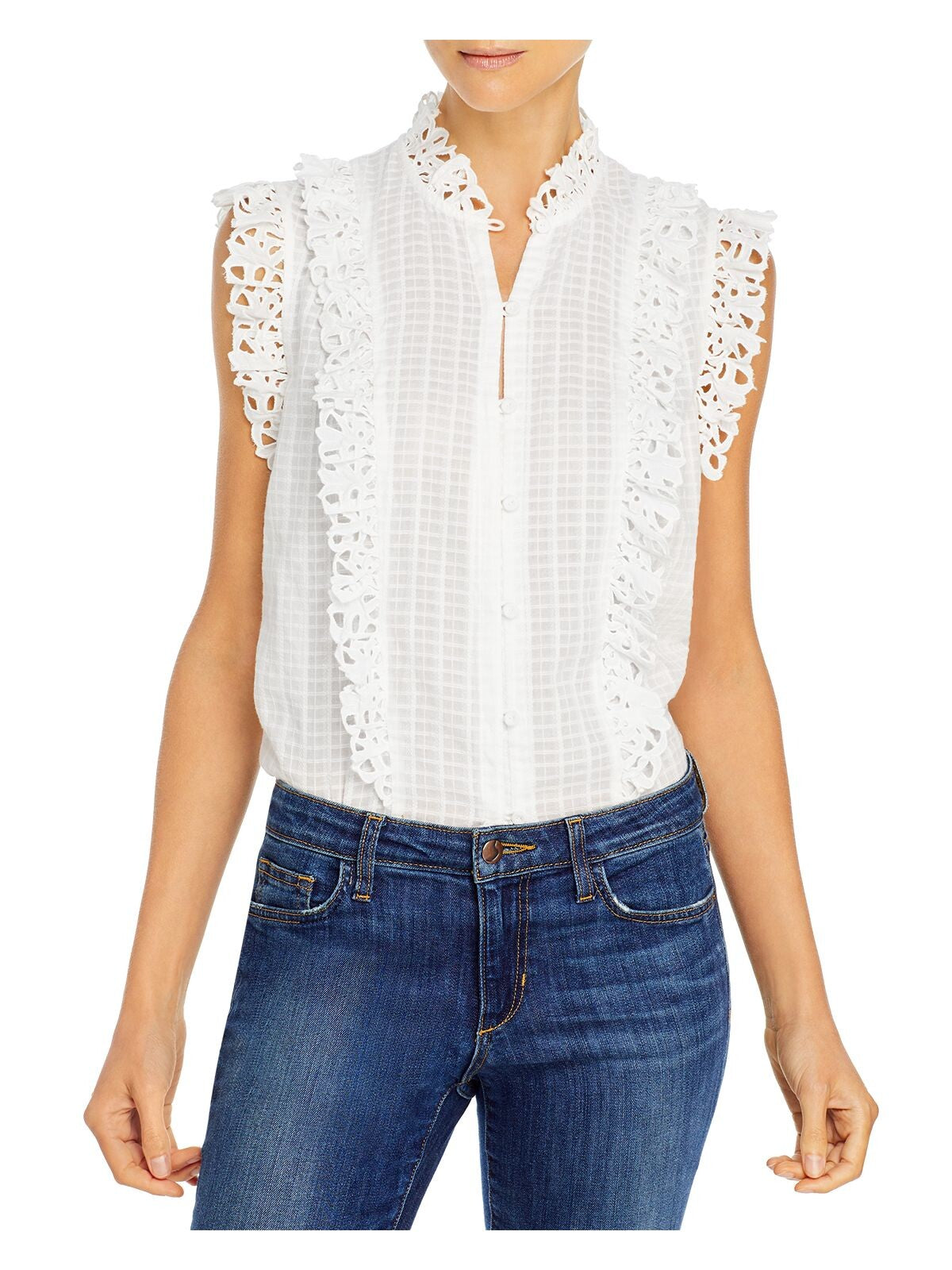 LA VIE BY REBECCA TAYLOR Womens White Lace Textured Flutter Sleeve Split Button Up Top S