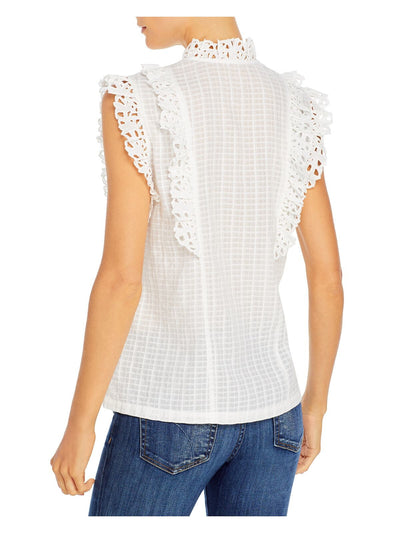 LA VIE BY REBECCA TAYLOR Womens White Lace Textured Flutter Sleeve Split Button Up Top S