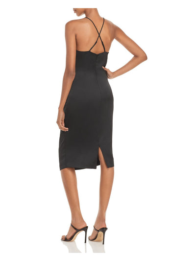 LAUNDRY Womens Black Stretch Zippered Ruched Crisscross Straps At Back Sleeveless Halter Knee Length Party Body Con Dress 0