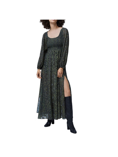 FRENCH CONNECTION Womens Green Stretch Zippered Smocked Slit Printed Blouson Sleeve Scoop Neck Maxi Evening Empire Waist Dress 12