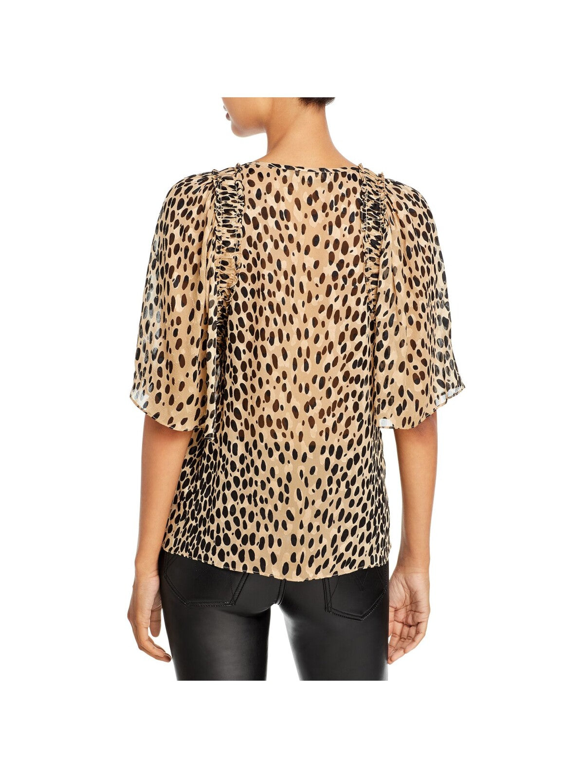 REBECCA TAYLOR Womens Brown Smocked Sheer Animal Print Elbow Sleeve Keyhole Evening Top S