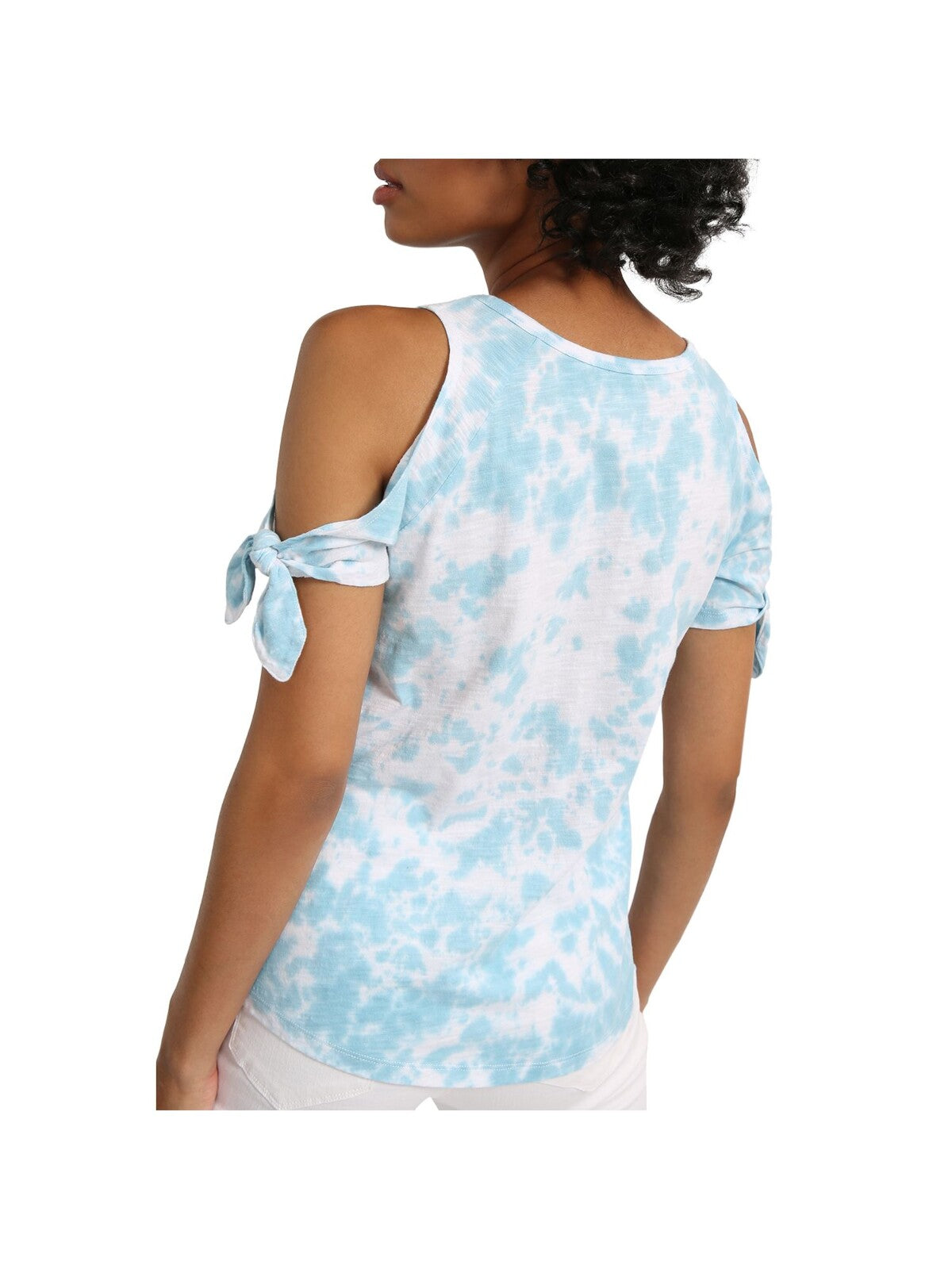 SANCTUARY Womens Blue Stretch Cold Shoulder Tie Cuff Tie Dye Short Sleeve Crew Neck T-Shirt XS