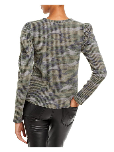 AQUA Womens Green Stretch Textured Camouflage Pouf Sleeve Crew Neck Top XS