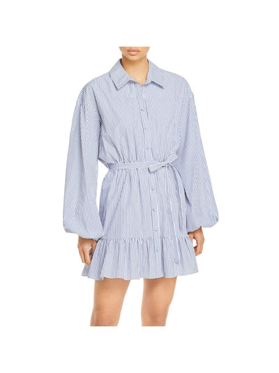 CINQ A SEPT Womens White Belted Ruffled Button Front Striped Balloon Sleeve Collared Short Party Shirt Dress 10