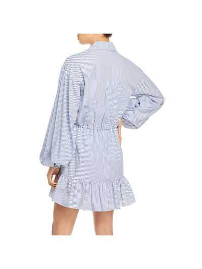 CINQ A SEPT Womens Blue Belted Ruffled Button Front Striped Balloon Sleeve Collared Short Party Shirt Dress 8