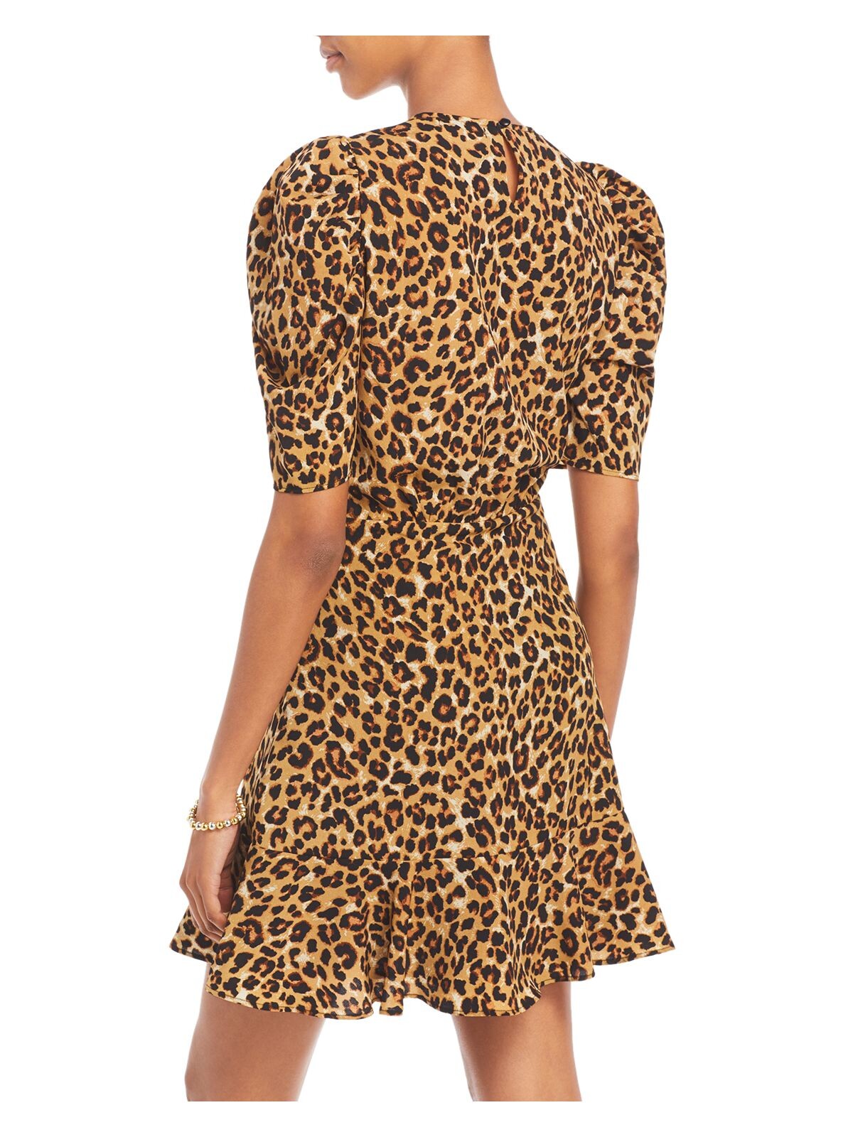 AQUA Womens Brown Ruffled Animal Print Pouf Sleeve Round Neck Mini Party Fit + Flare Dress M