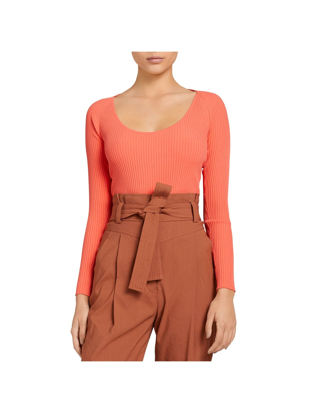 A.L.C. Womens Orange Ribbed Long Sleeve Scoop Neck Top S