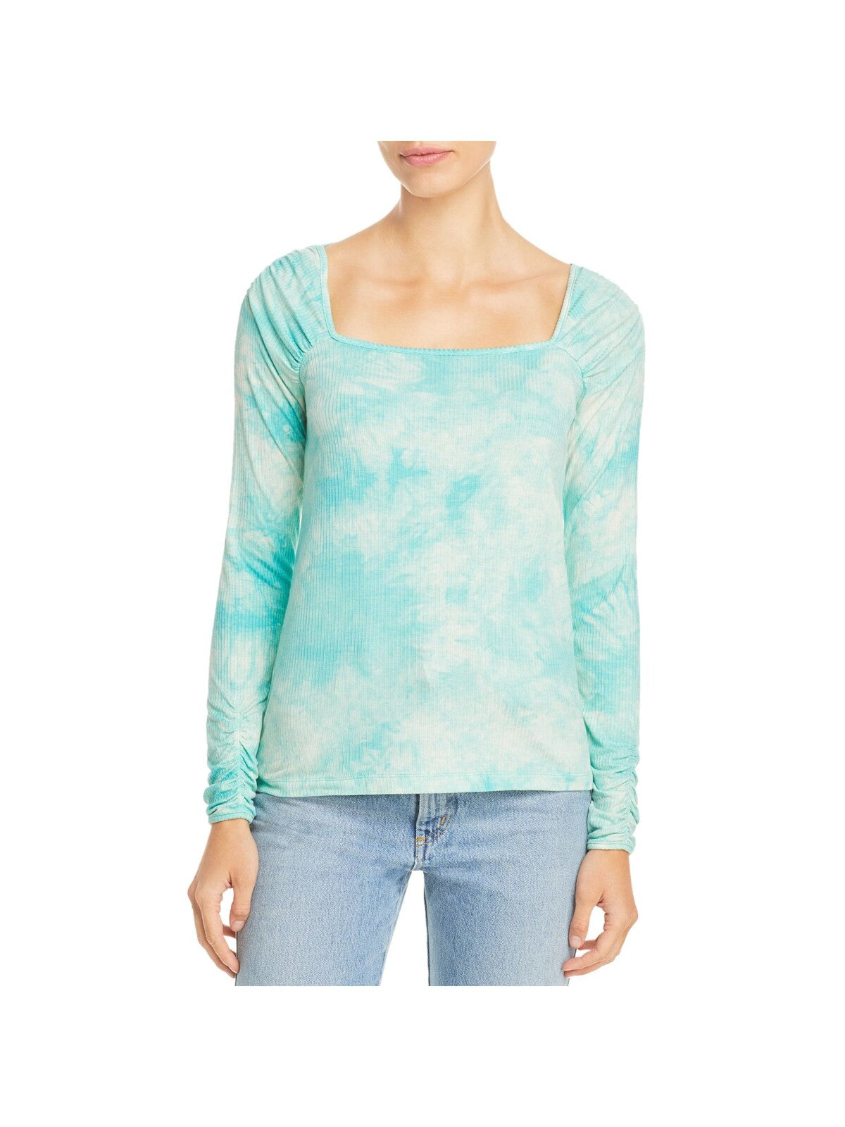 SINGLE THREAD Womens Aqua Stretch Ruched Ribbed Tie Dye Long Sleeve Square Neck Top M