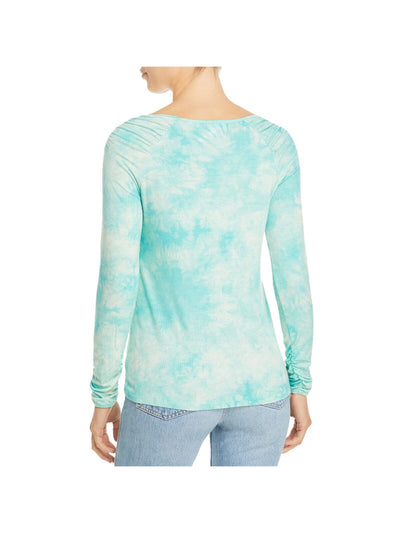 SINGLE THREAD Womens Aqua Stretch Ruched Ribbed Tie Dye Long Sleeve Square Neck Top M