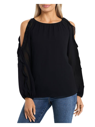 1. STATE Womens Black Ruffled Cold Shoulder Elasticized Neck And Cuffs Long Sleeve Scoop Neck Wear To Work Blouse XS
