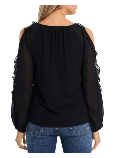 1. STATE Womens Black Ruffled Cold Shoulder Elasticized Neck And Cuffs Long Sleeve Scoop Neck Wear To Work Blouse XS