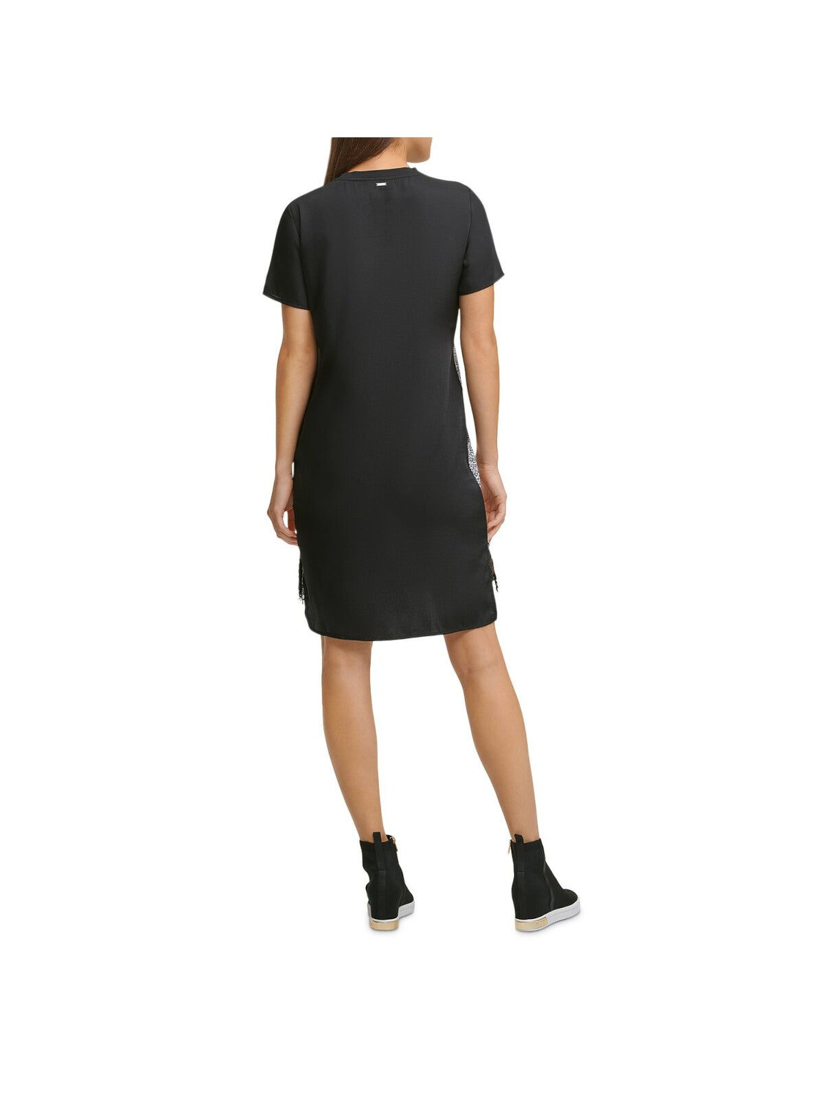 DKNY Womens Black Lace Fringed Short Sleeve Crew Neck Knee Length Evening Hi-Lo Dress XS