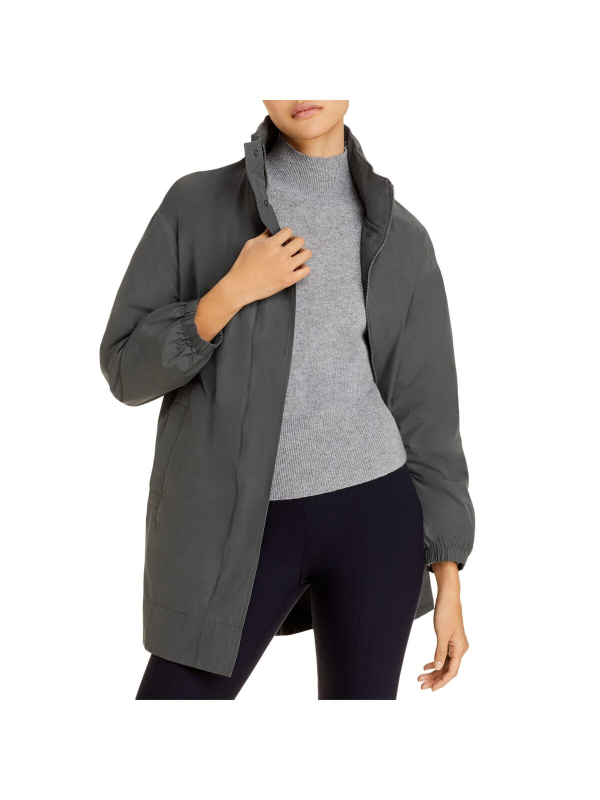 EILEEN FISHER Womens Gray Pocketed Packable Hood Snap Close Stand Collar Zip Up Jacket L