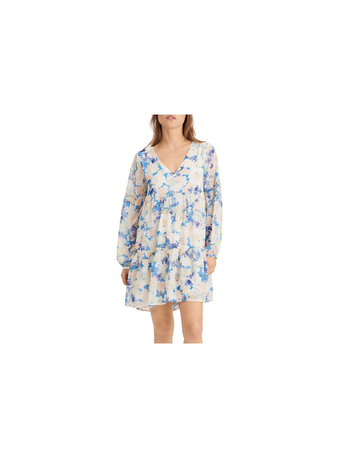 SANCTUARY Womens Light Blue Sheer Pull-on Style Lined Floral Long Sleeve V Neck Above The Knee Party Baby Doll Dress 2