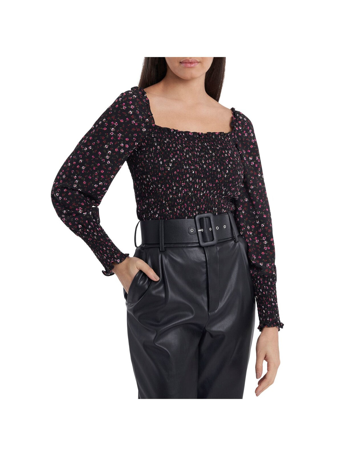1. STATE Womens Black Stretch Smocked Ruffled Square-back Floral Blouson Sleeve Square Neck Blouse Juniors S