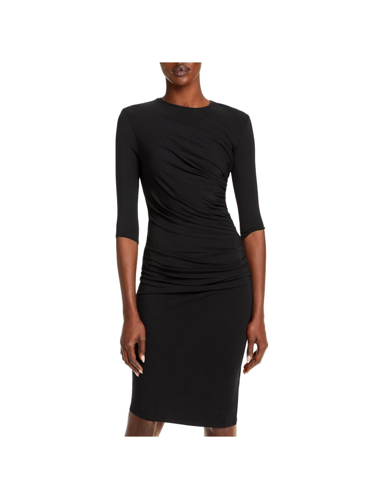 HELMUT LANG Womens Black Stretch Ruched Jersey 3/4 Sleeve Crew Neck Knee Length Cocktail Sheath Dress S