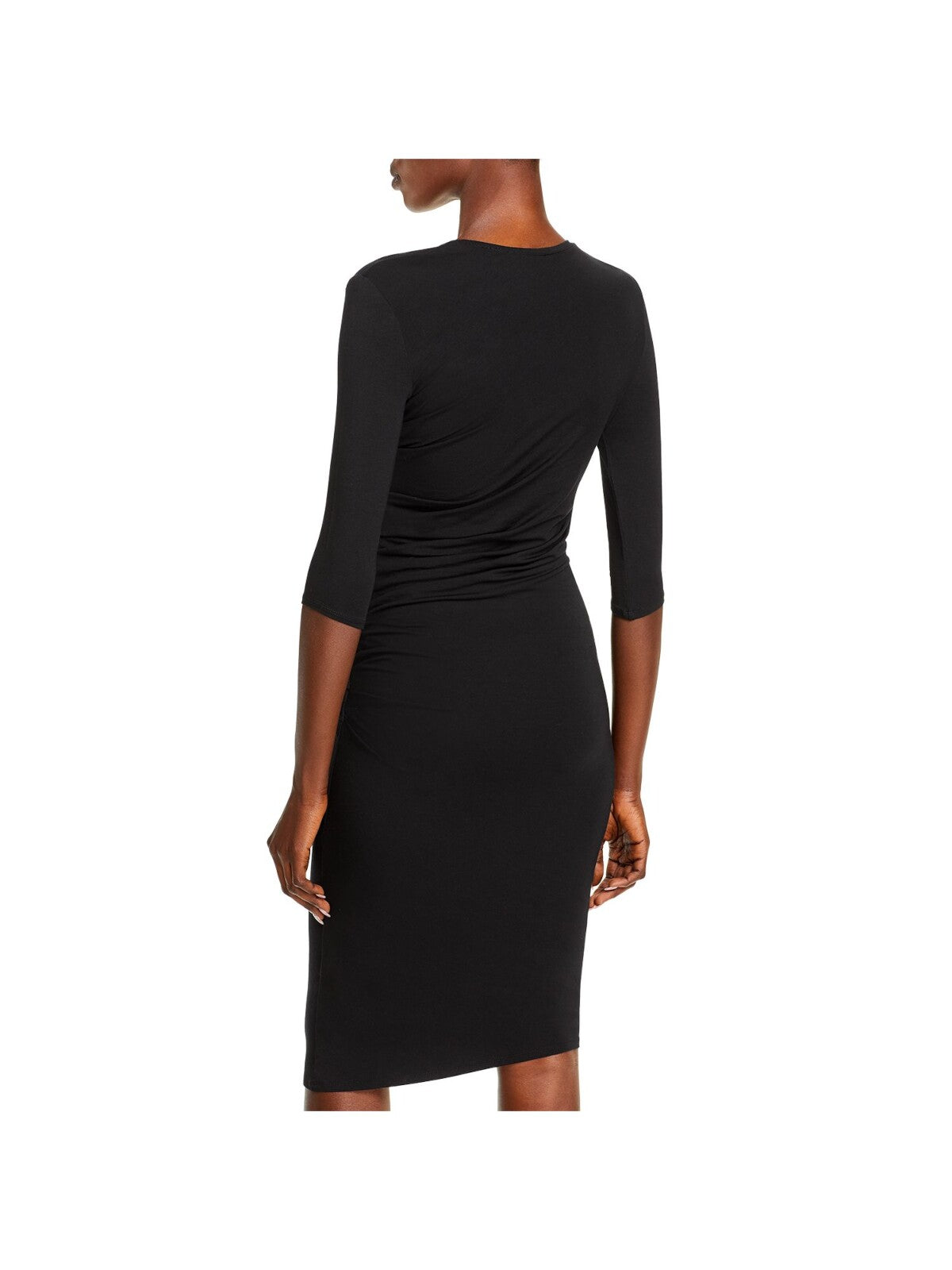 HELMUT LANG Womens Black Stretch Ruched Jersey 3/4 Sleeve Crew Neck Knee Length Cocktail Sheath Dress S