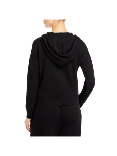 TEREZ Womens Black Stretch Zippered Pocketed Drawstring Hoodie Sweatshirt L