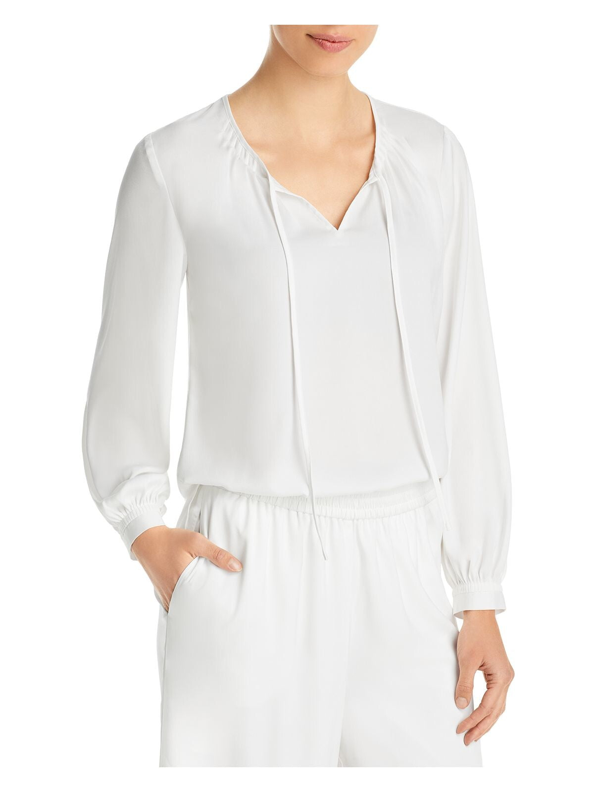 KOBI HALPERIN Womens White Pleated Cuffed Sleeve Tie Neck Tunic Top M