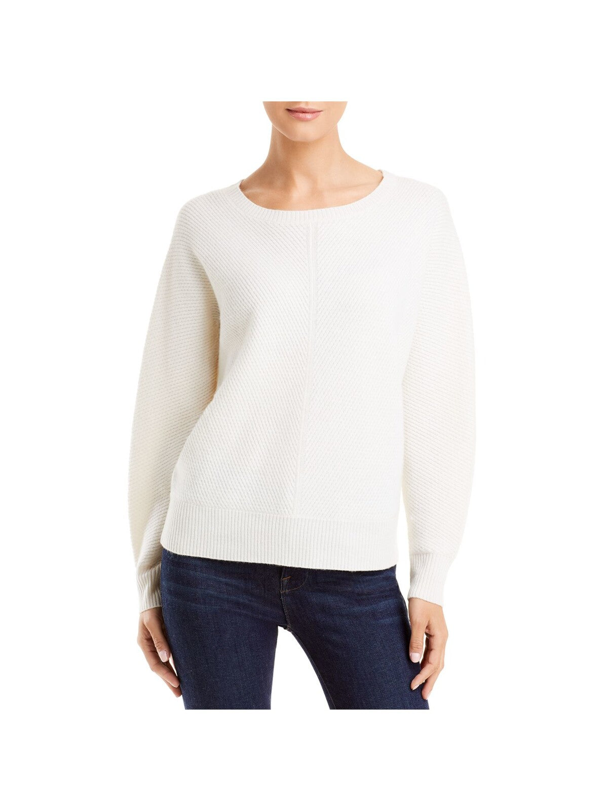 Designer Brand Womens Ivory Ribbed Textured Novelty Stitch Long Sleeve Scoop Neck Sweater M