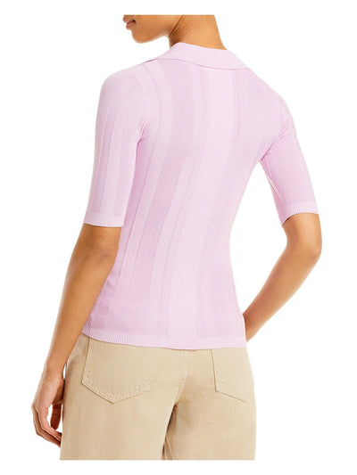 REMAIN Womens Pink Stretch Ribbed Five Button Front Placket Elbow Sleeve Collared Top 32