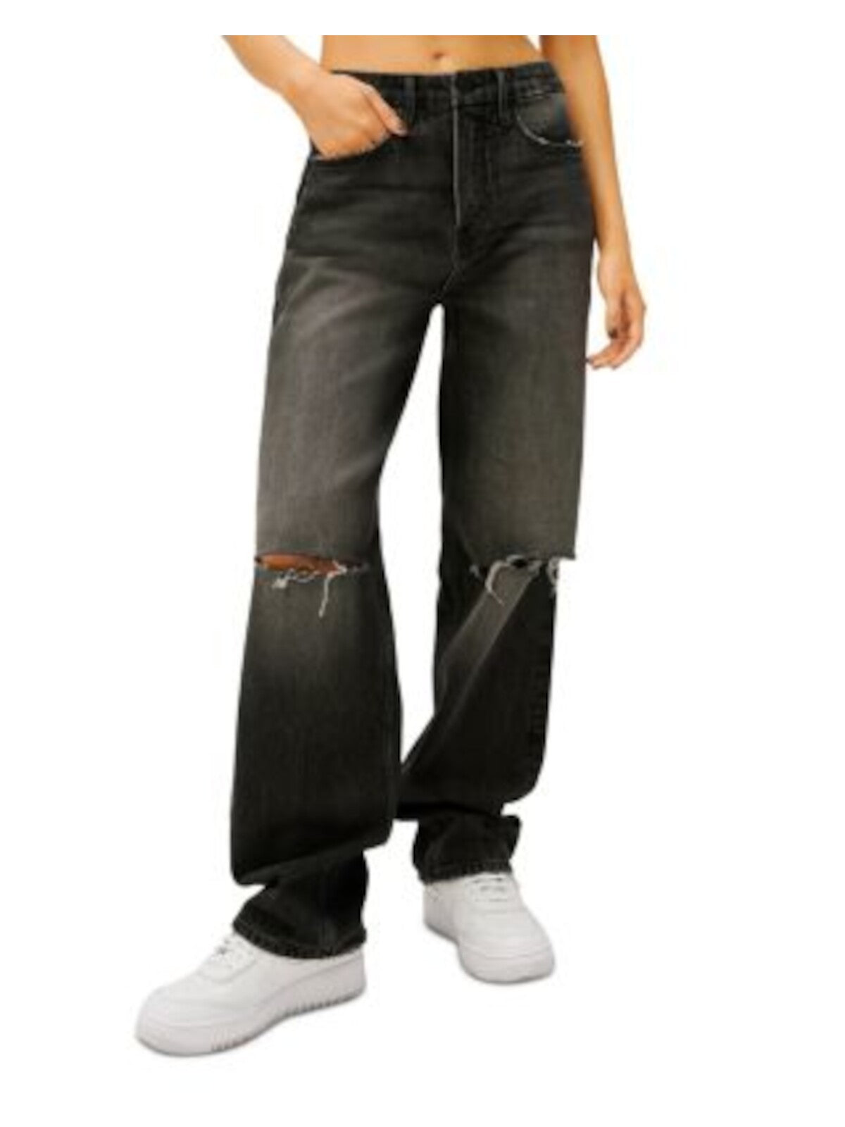 GOOD AMERICAN Womens Black Denim Darted Distressed High Waist Ripped Straight leg Jeans 14\32