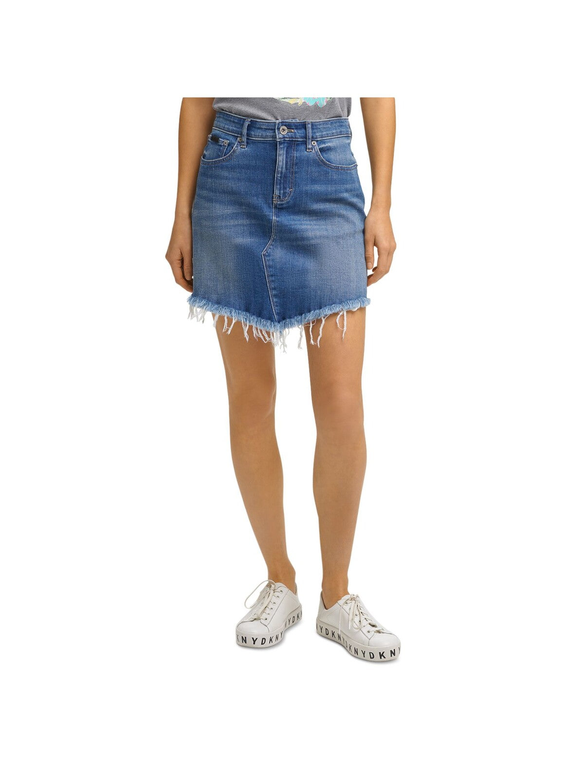DKNY JEANS Womens Blue Stretch Pocketed Zippered Asymmetrical Raw-hem Short A-Line Skirt XXS