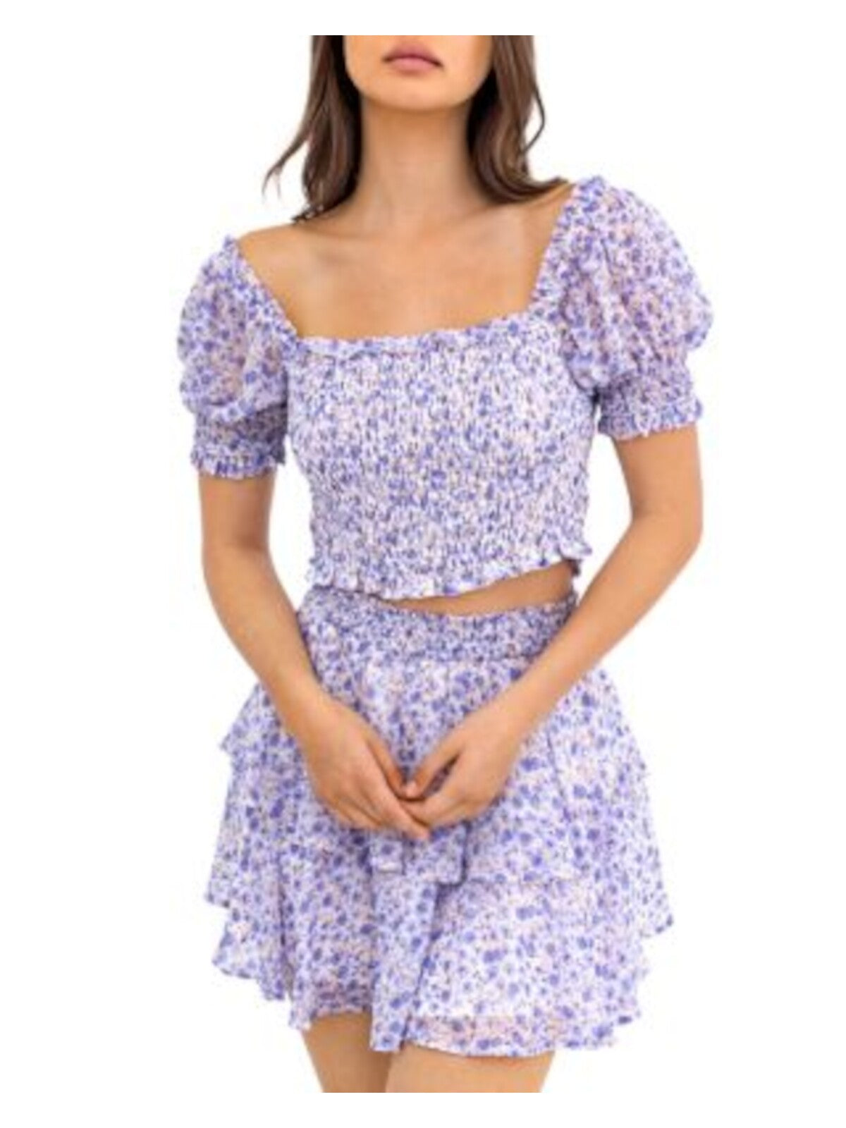 LELIS COLLECTION Womens Blue Stretch Smocked Floral Pouf Sleeve Square Neck Crop Top M