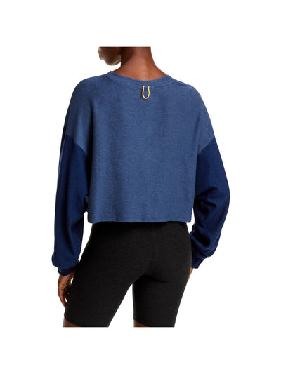 FP MOVEMENT Womens Navy Stretch Color Block Long Sleeve Jewel Neck Crop Top S